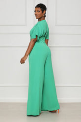 Solid Color V neck Batwing Sleeve Hollow Out Cutout Lace up Jumpsuit